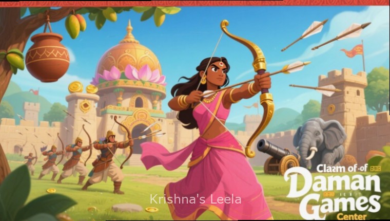 Krishna's Leela game banner Krishna's Leela game banner featuring Lord Krishna playing flute with gopis in Vrindavan